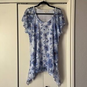 Indigo Soul Tunic Top XL Blue Floral Sheer Overlay Flutter Sleeve Handkerchief